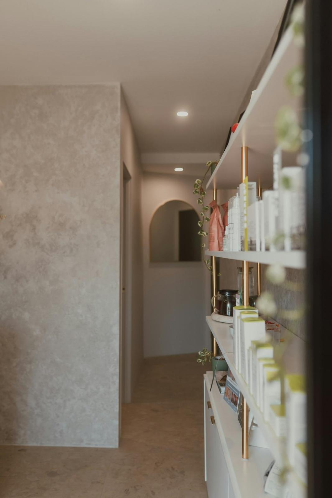 Product shelves in a spa